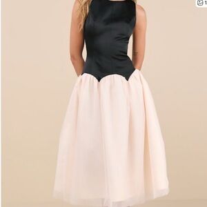 Lulus Contemporary Elegance Black And Cream Satin Tulle Midi Dress - Size M